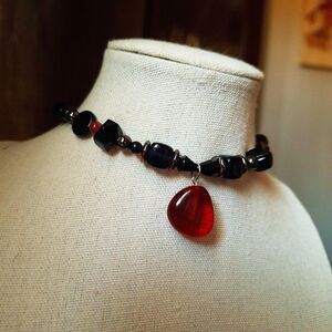 Goth Black Glass & Stone Beaded Choker with Red Teardrop Pendant, Adjustable